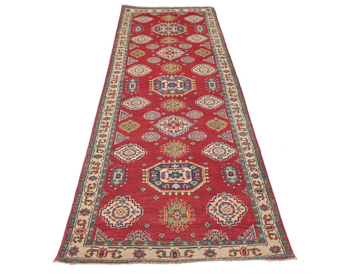 10 Ft Red Kuba Afghan Hand Knotted Wool Runner Rug